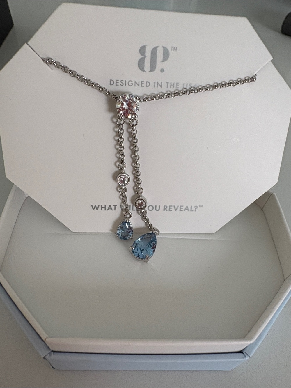 Necklace Reveal Silver Lariat Necklace with Blue Teardrop Drops